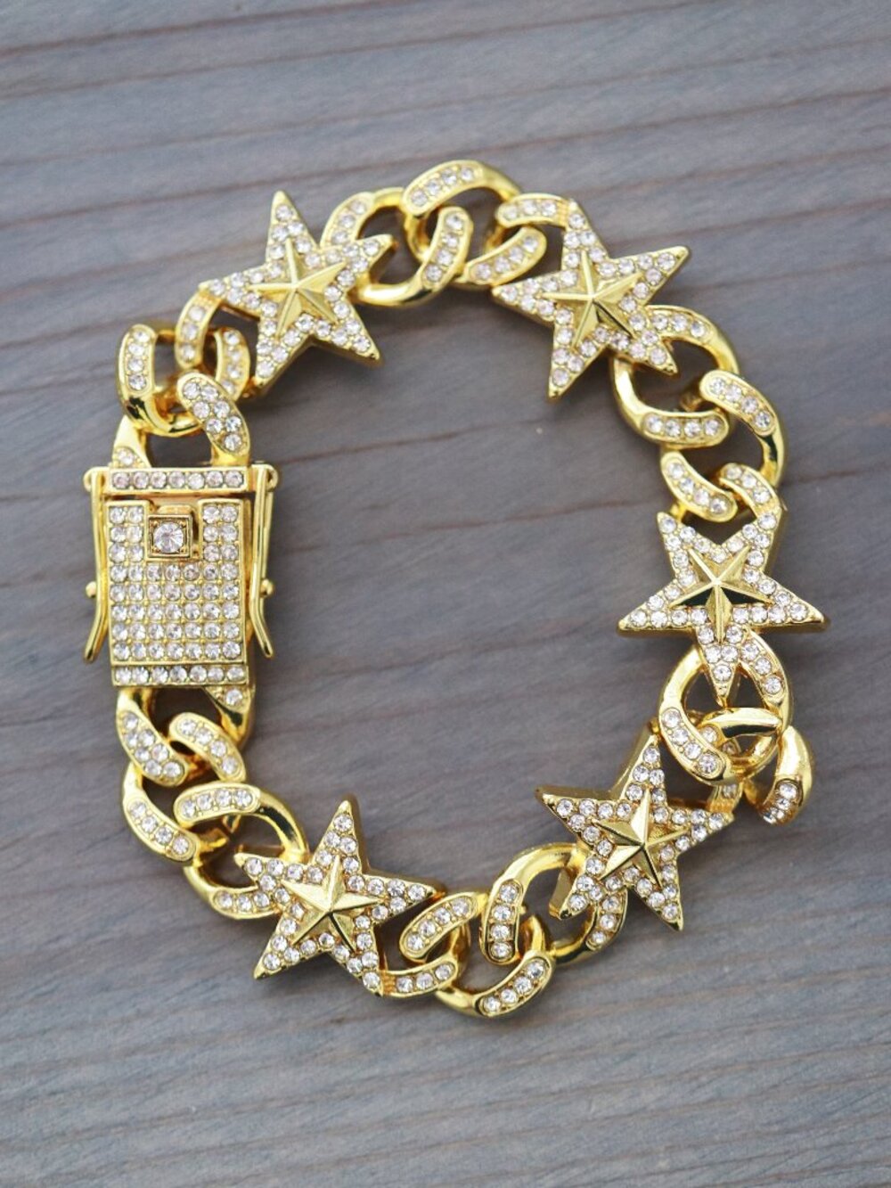 Stars & Cuban Ice Round Curb Diamond Chain Bracelet w/ Rhinestones 18k Gold Plat
